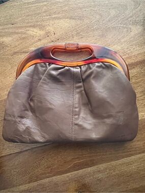 Vintage brown sheepskin leather clutch bag tortoiseshell lucite frame purse